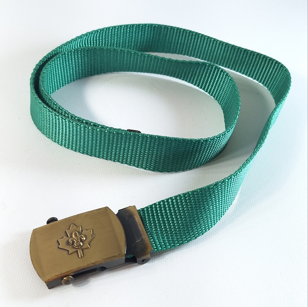 Vintage 90's Boy Scouts of Canada Brass Buckle Green Web Belt